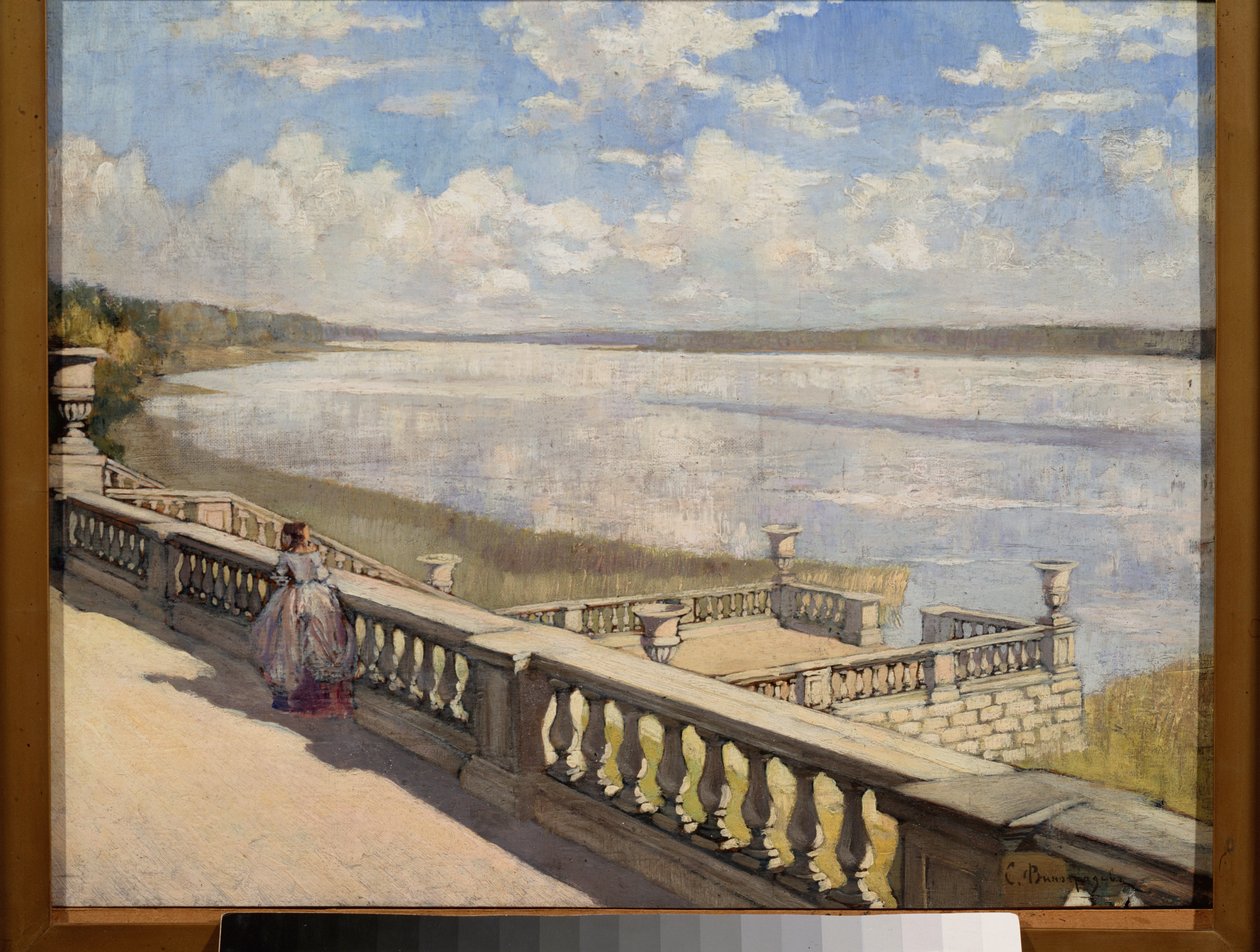 Güneşli Bir Gün, Korkulukta Bir Kadın - Tablo Sergei Arsenyevich Vinogradov (1869-1938), tuval üzerine yağlı boya by Sergei Arsenevich Vinogradov