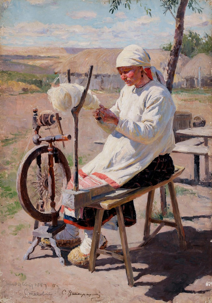 La fileuse - Dönen - Vinogradov, Sergei Arsenyevich (1869-1938) - 1895 - Tuval üzerine yağlı boya - by Sergei Arsenevich Vinogradov
