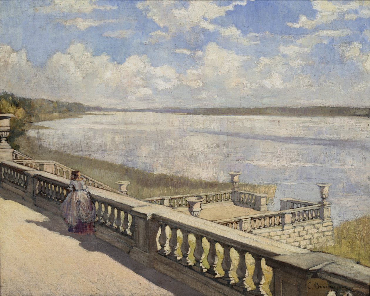 Güneşli gün. Korkuluktaki bir bayan, 1908 by Sergei Arsenevich Vinogradov