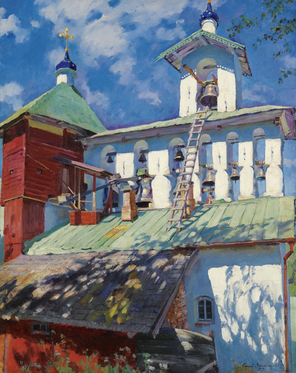 ""Pskov Mağaraları Manastırı'nın (Pskov-Pechory Dormition Manastırı veya Pskovo-Pechersky) Pechory, Rusya'daki Çan Kulesi'nin Görünümü"" (Pskovo-Pechersky Manastırı'nın Çan kulesi) Tablo Sergei Vinogradov (1869-1938) - 1 by Sergei Arsenevich Vinogradov