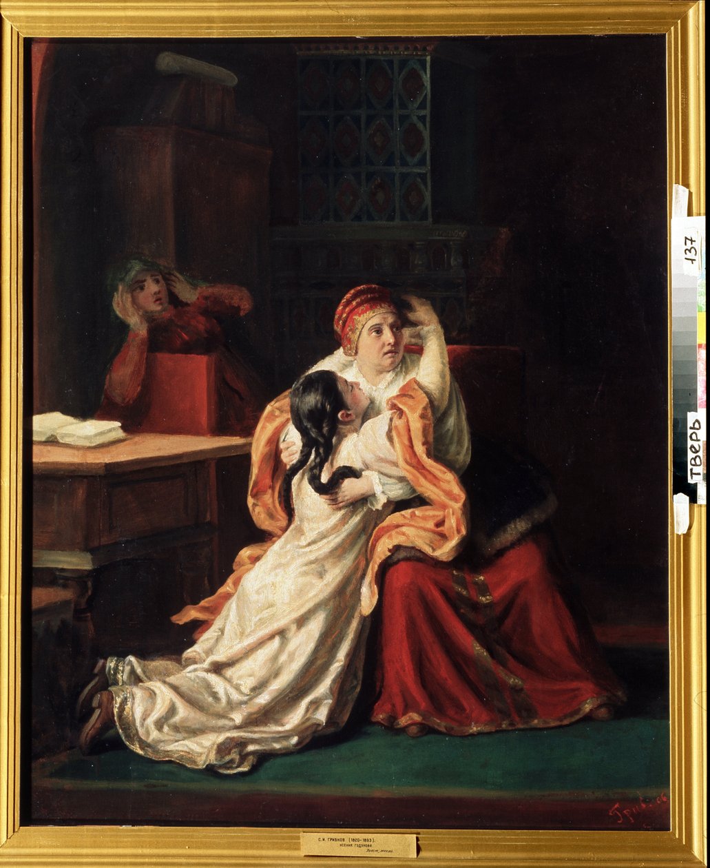 Tsarina Kseniya Godunova (1581-1622) (Çarevna Kseniya Godunova). Birinin kollarına koşan korkmuş bir çocuk. Sergei Ivanovich Gribkov (1820-1893), tuval üzerine yağlı boya, 19. yüzyıl Rus sanatı. Bölgesel Sanat Galerisi, Tver (Rusya) by Sergei Ivanovich Gribkov