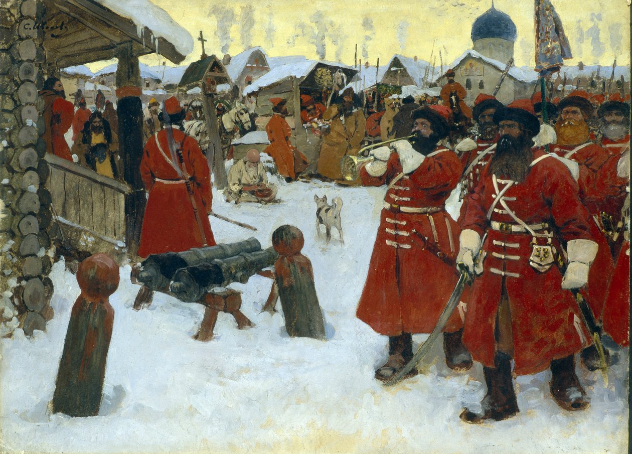 The trupe of streltsy (strelets) - Resim Sergei Vasilyevich Ivanov (1864-1910), tuval üzerine yağlı boya by Sergei Ivanovich Gribkov