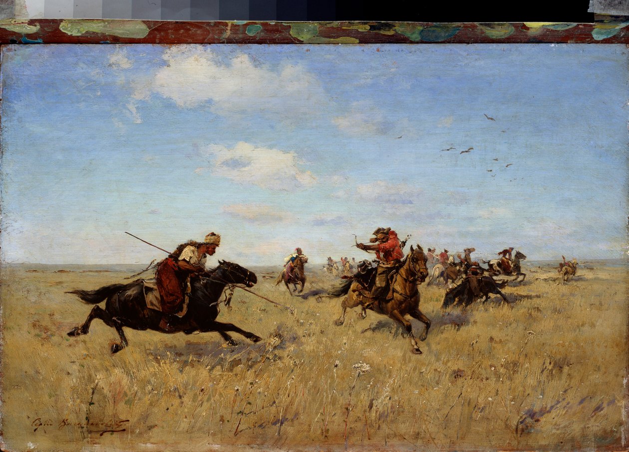Dinyeper Kazakları ve Tatarlar Arasındaki Dövüş - Tablo Sergei Ivanovich Vasilkovsky (1854-1917), tuval üzerine yağlı boya by Sergei Ivanovich Vasilkovsky