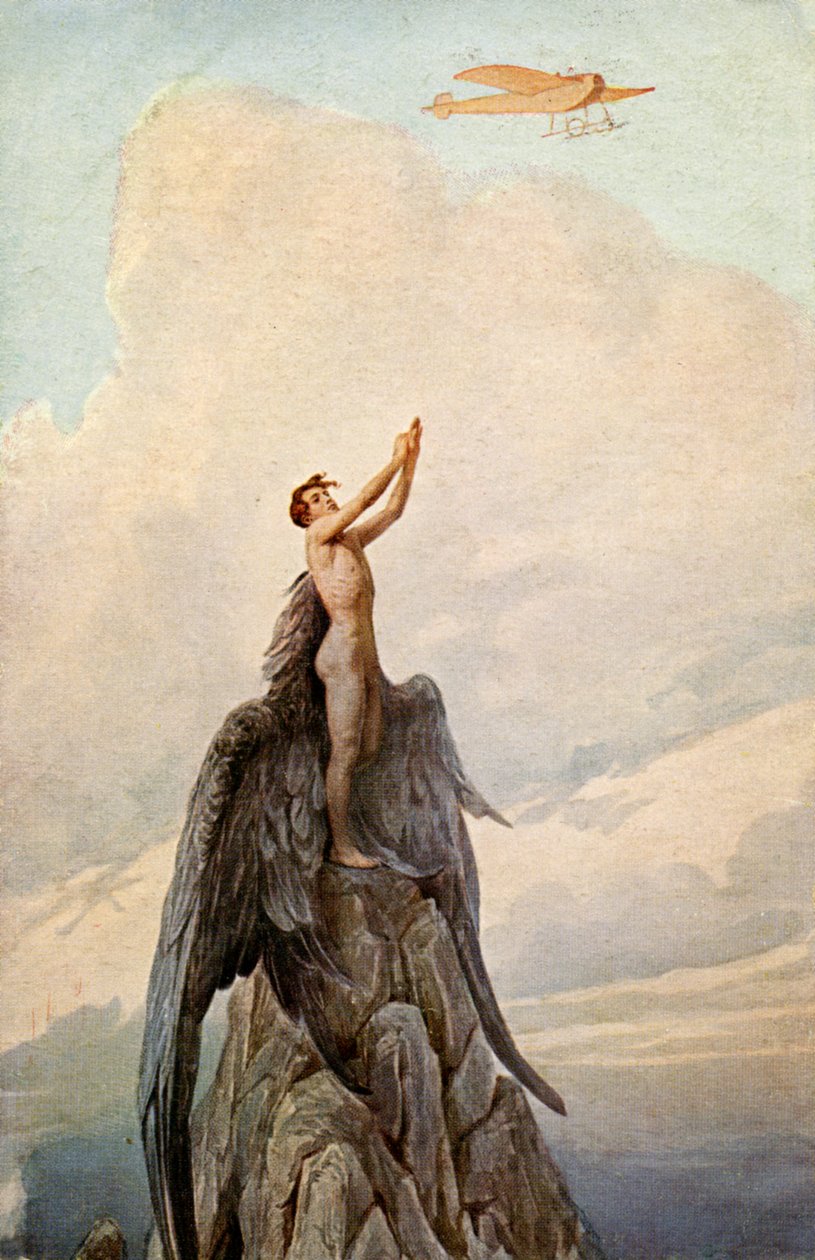 Ulaşım. Havacılık. Icarus'un rüyası. Icarus ve uçak. İllüstrasyon, J. Solomko, Macaristan, 1916 dolayları. (kartpostal) by Sergei Sergeevich Solomko