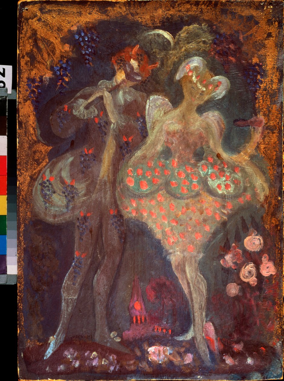 Aşk tanrısı ve bir faun. Sergei Yurievich Sudeykin (Serge Soudeikine) (1882-1946), karton üzerine tempera çalışması. Rus sanatı, 20. yüzyılın başlarında. Tataristan Cumhuriyeti Devlet Sanat Müzesi, Kazan (Rusya). by Sergei Yurevich Sudeikin