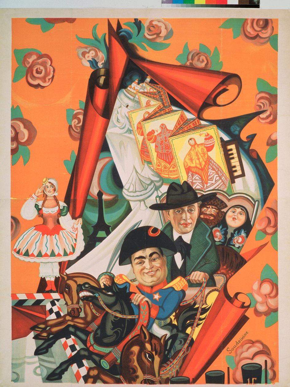 Nikita Baliev (Balieff) (1877-1936) "La Chauve Souris" (Yarasa) tiyatro grubunun poster projesi - Baliev ön planda temsil ediliyor, ata biniyor (Tiyatro posterinin tasarımı ) - Sanat eseri Sergei Yurievich Sudeykin (Serg by Sergei Yurevich Sudeikin