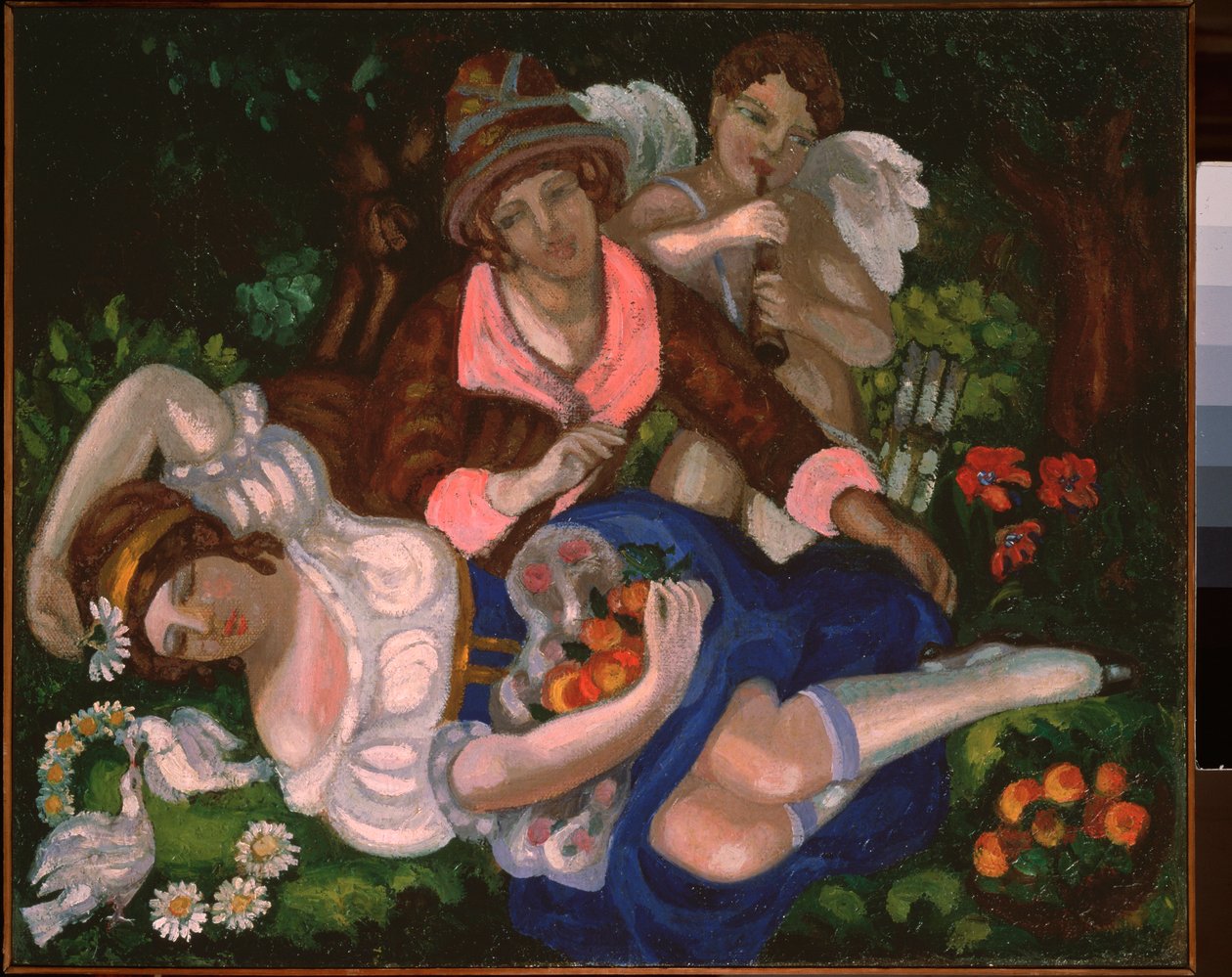 Alegorik sahne. (Birkaç sevgili, birkaç güvercin ve Cupid çalan müzikle çevrili). Sergei Yurievich Sudeykin (Serge Soudeikine) (1882-1946), tuval üzerine yağlı boya, yaklaşık 1910. Rus sanatı, 20. yüzyıl, art nouveau, modernizm. by Sergei Yurevich Sudeikin