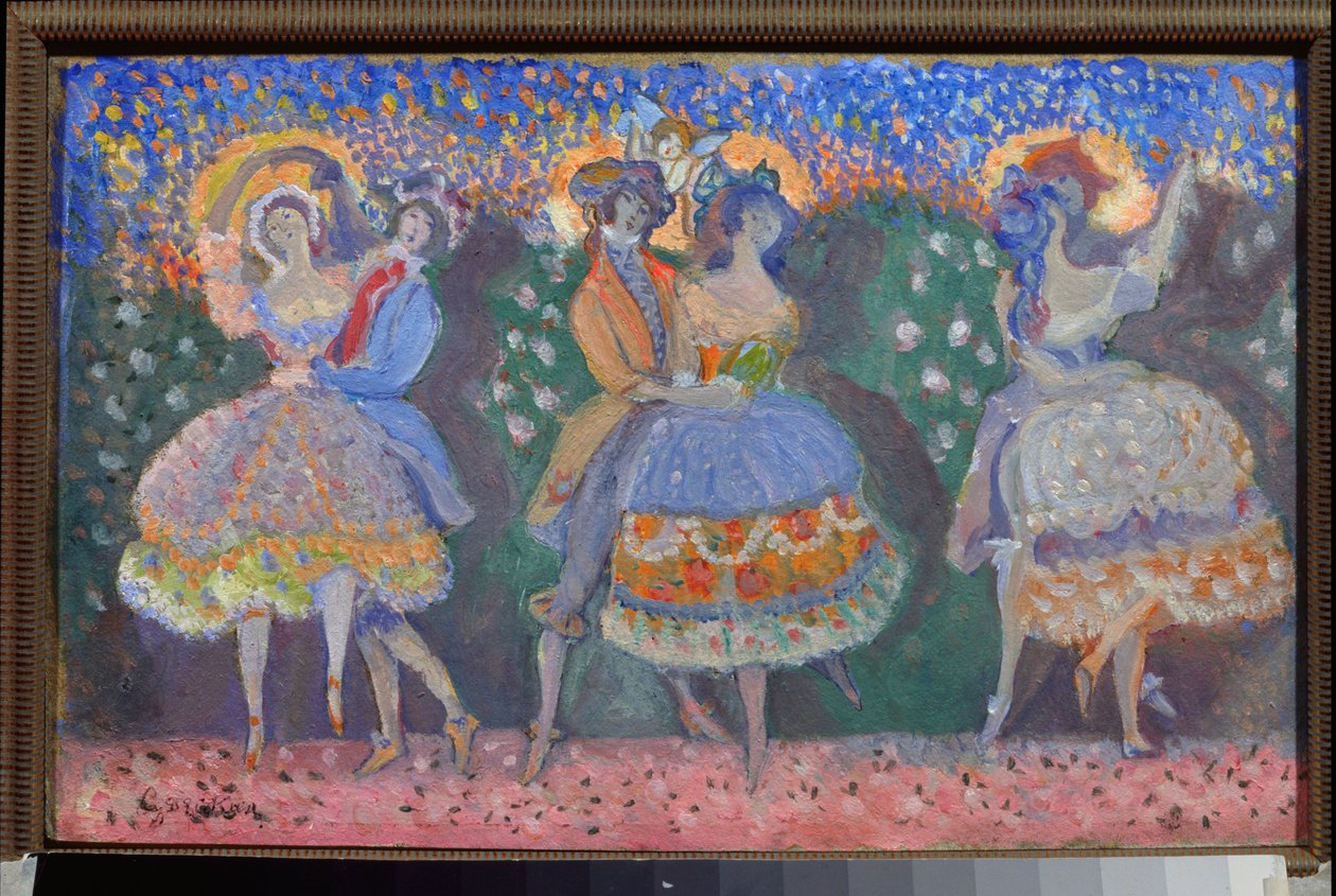 Un bale (Bir Bale) - Sergei Sudeykin (Serge Soudeikine) (1882-1946), karton üzerine yağlı boya, Rus sanatı, 20. yüzyıl, modernizm - Devlet Merkez Edebiyat Müzesi, Moskova by Sergei Yurevich Sudeikin