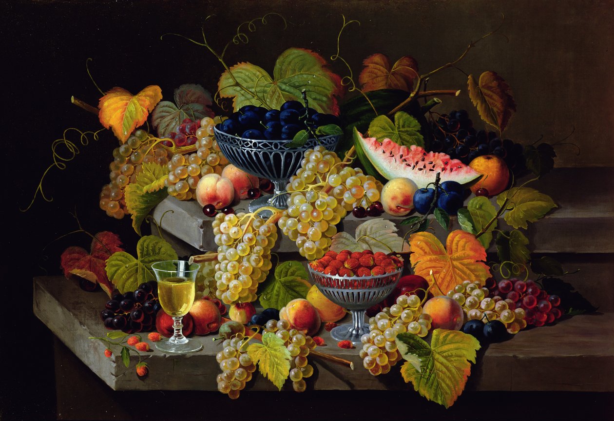 Natürmort Kavun, Erik, Üzüm, Şeftali, Kiraz, Çilek vb. Taş Çıkıntılarda by Severin Roesen