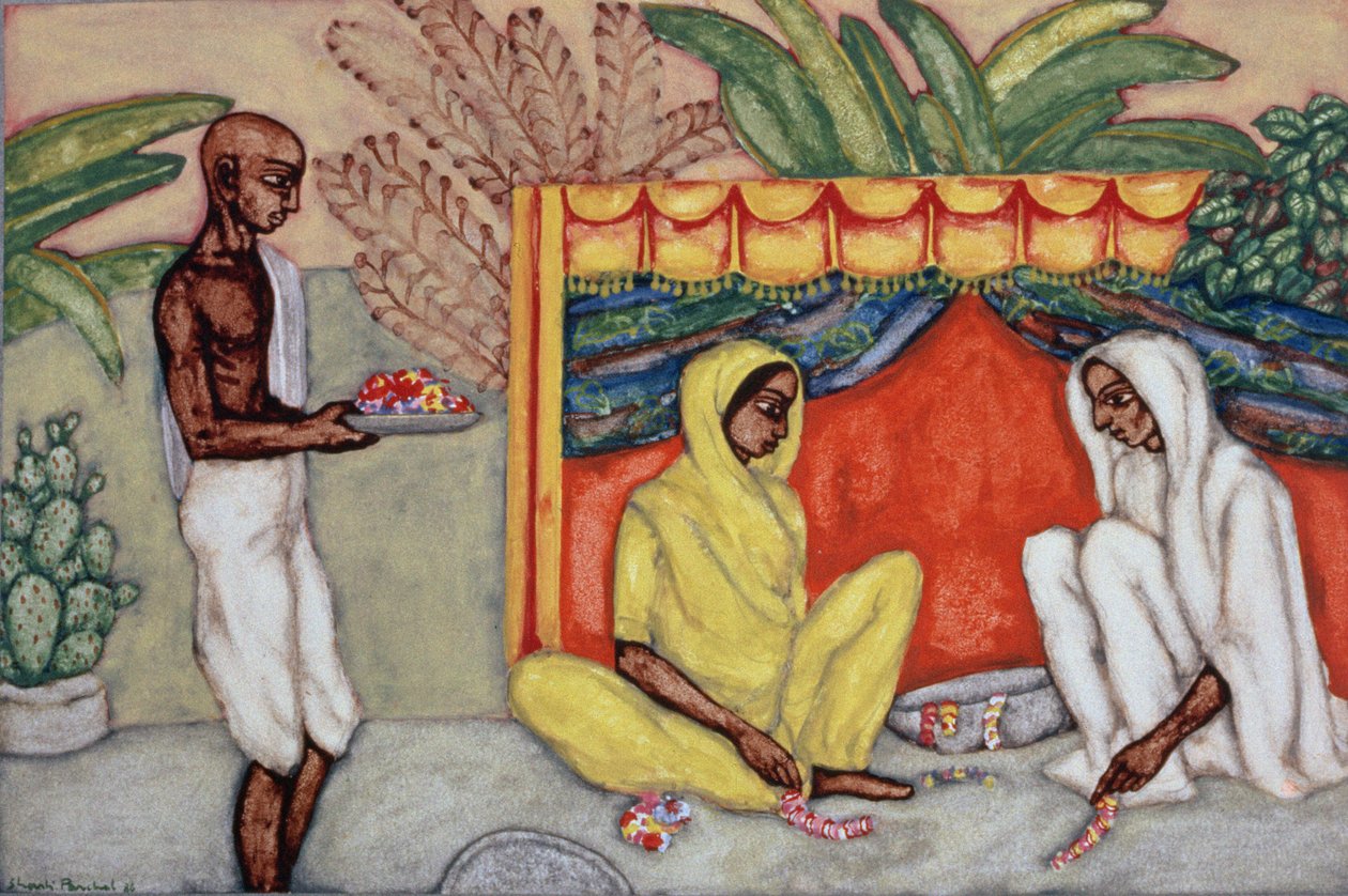 Garland Yapımı, 1986 (kağıt üzerinde wc) by Shanti Panchal