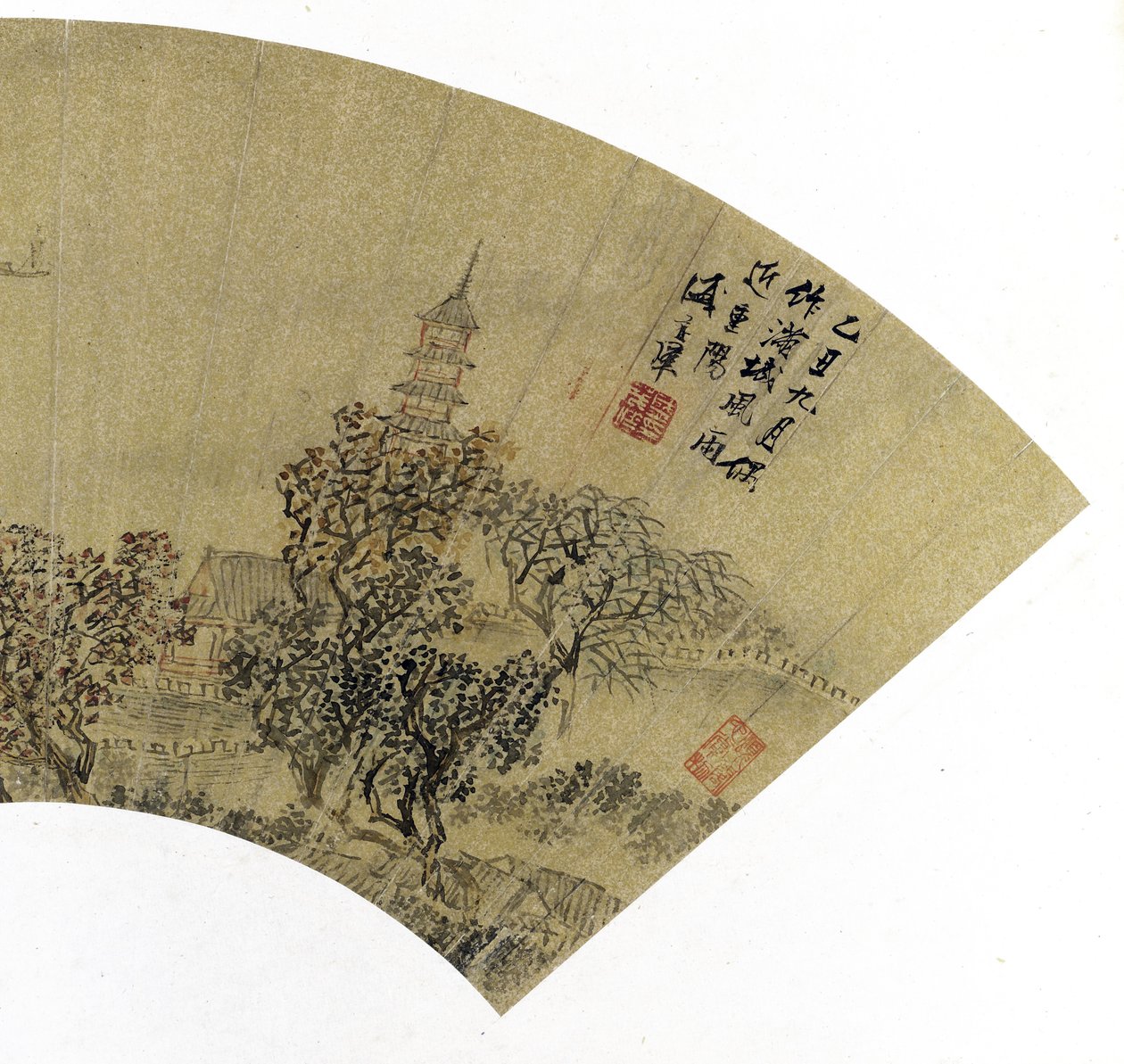 Pagoda, Evler ve Tekneler ile Manzara Detayı,1625 (altın kağıt üzerine mürekkep ve renkler) by Sheng Maoye