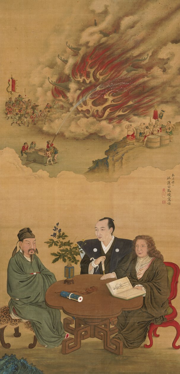 Japonya, Çin ve Batı'nın Buluşmasını tasvir eden Asma Parşömen, by Shiba Kokan