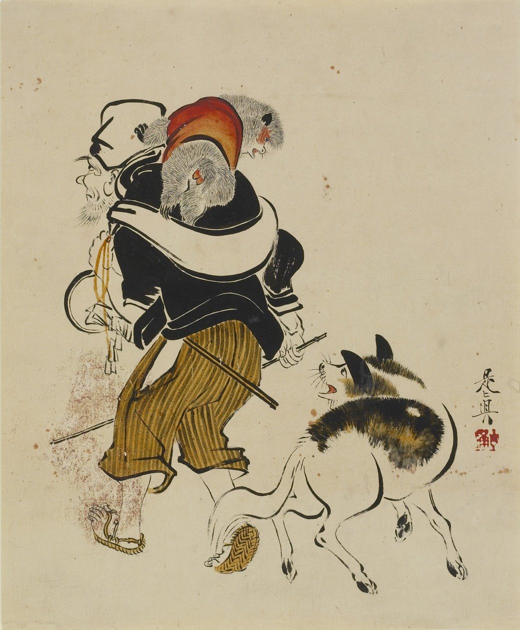 (Maymun Eğitmeni ve Köpek), 19. yüzyılın ortalarından sonlarına by Shibata Zeshin