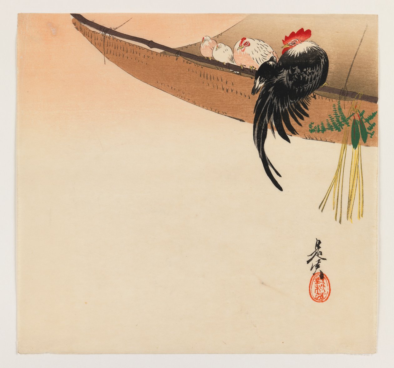 Hana Kurabe Serisinden Hamaklı Tavuklar ve Horoz, 1880 dolayları (tahta blok renkli baskı) by Shibata Zeshin