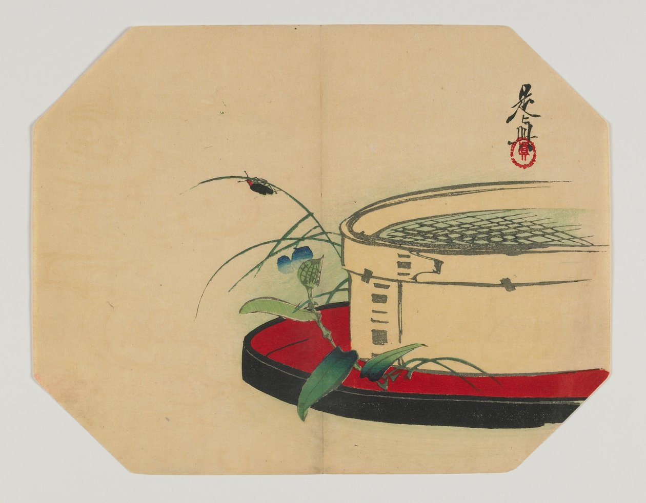 Bir uchiwa için yazdırın; çiçekli bitki üzerinde ateş böceği, bambu elek ile, Meiji dönemi, 19. yüzyıl sonu (renkli tahta baskı) by Shibata Zeshin
