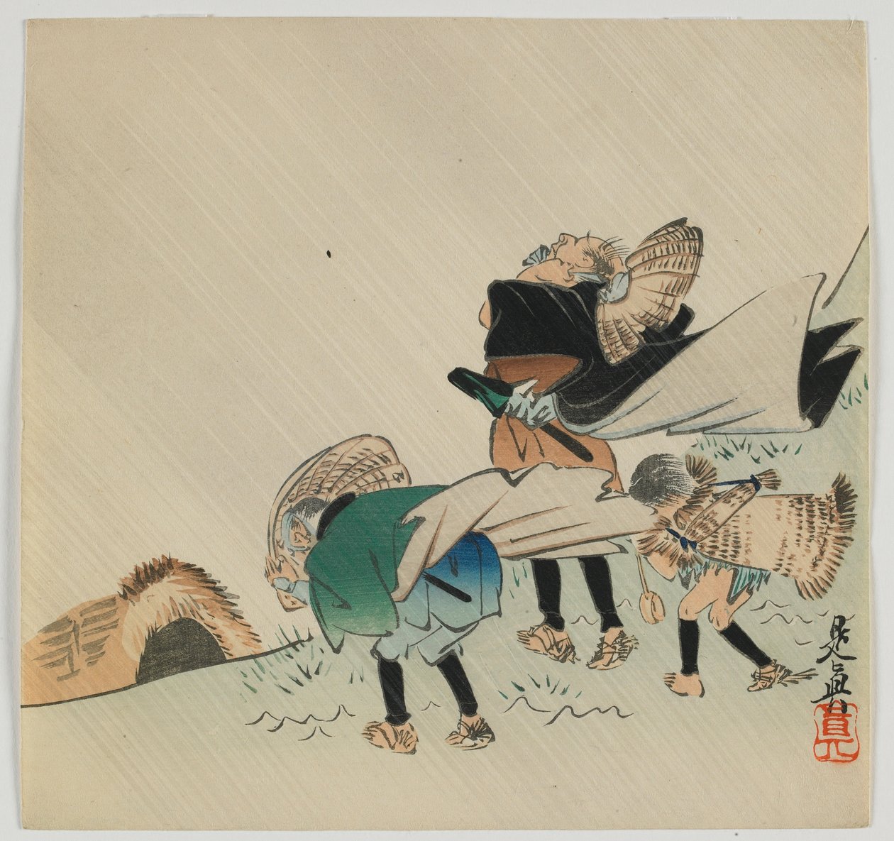Rüzgara kapılmış üç gezgin, Meiji dönemi, 19. yüzyıl sonu (renkli tahta baskı) by Shibata Zeshin