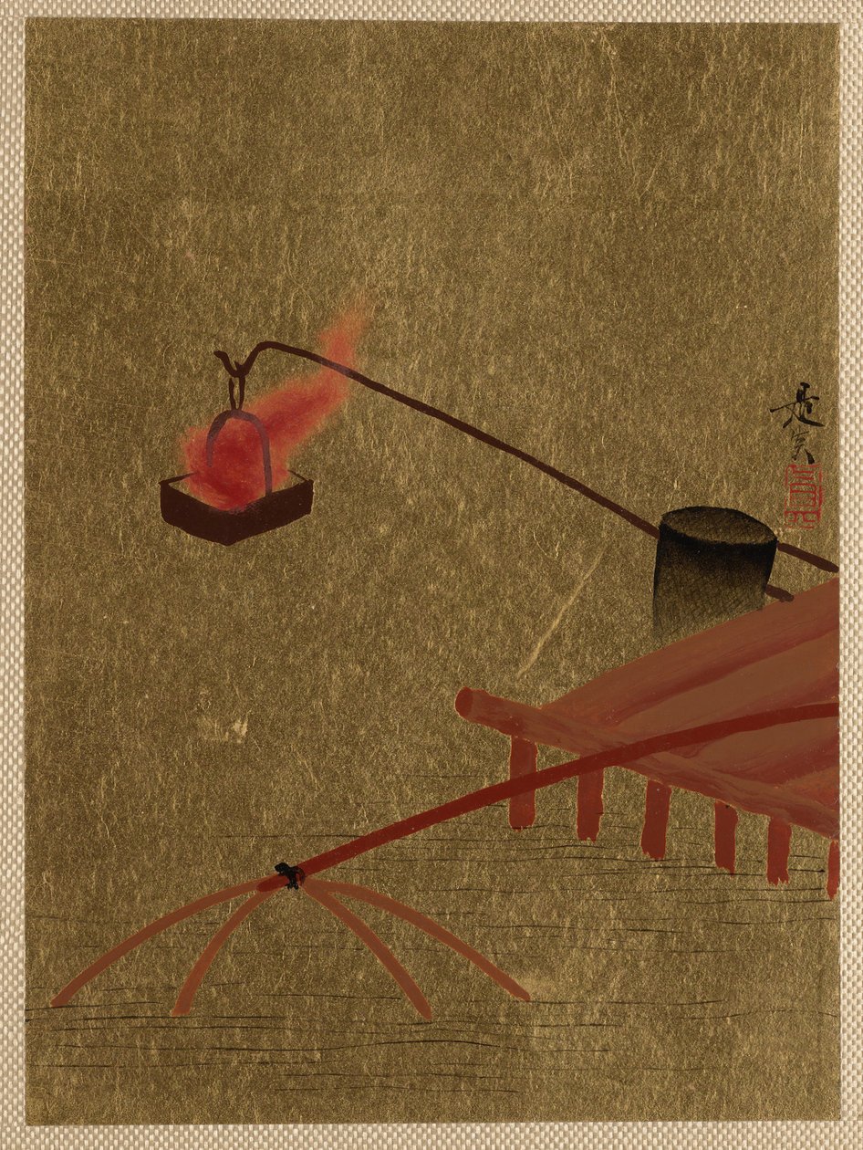 Ateş Sepeti Rıhtımdan Suda Bir Balık Ağı Üzerinden Asıldı. by Shibata Zeshin