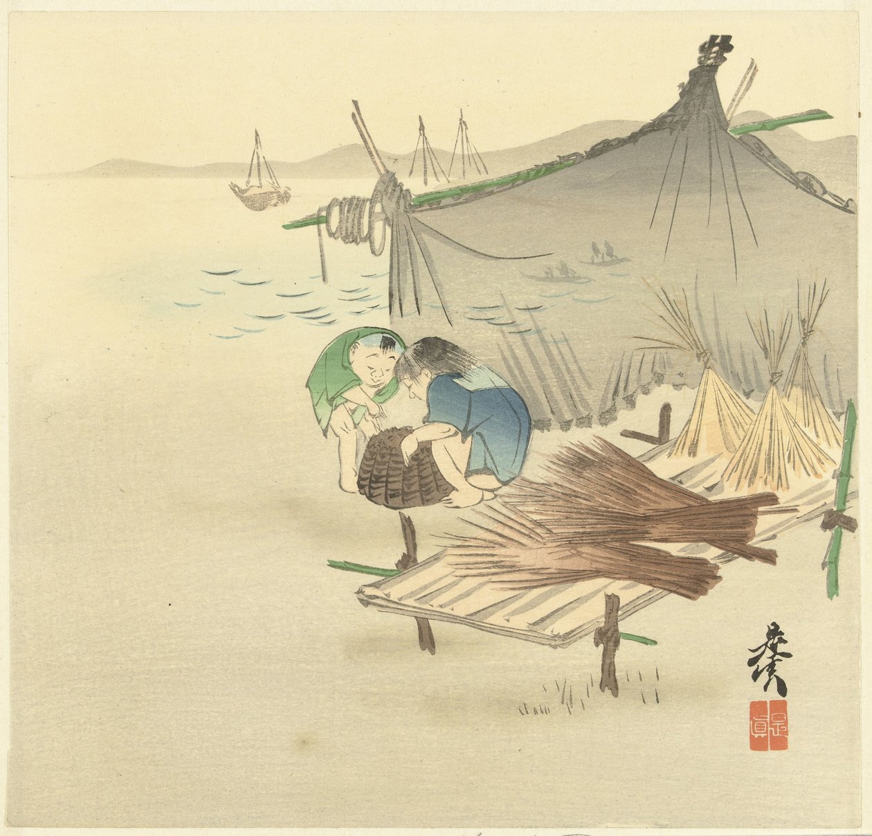 Balık ağı başında çocuklar by Shibata Zeshin