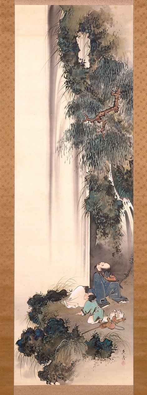 Li Bai Şelaleye Bakıyor (ipek üzerine mürekkep ve renkli) by Shibata Zeshin
