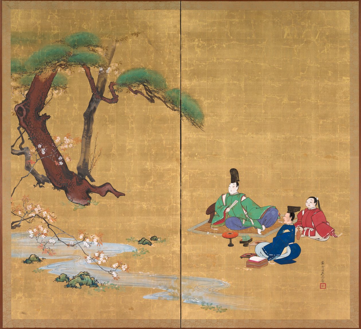 Narihira Kiraz Çiçeklerini Görüntülemek, İki panelli katlanır paravan, 1800