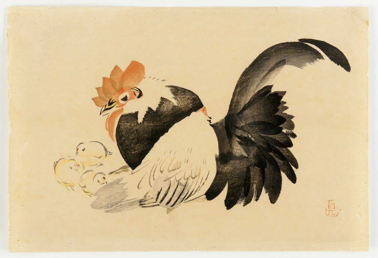 Horoz, Tavuk ve Civcivler, Meiji dönemi, 1870-79 (renkli tahta baskı) by Shibata Zeshin
