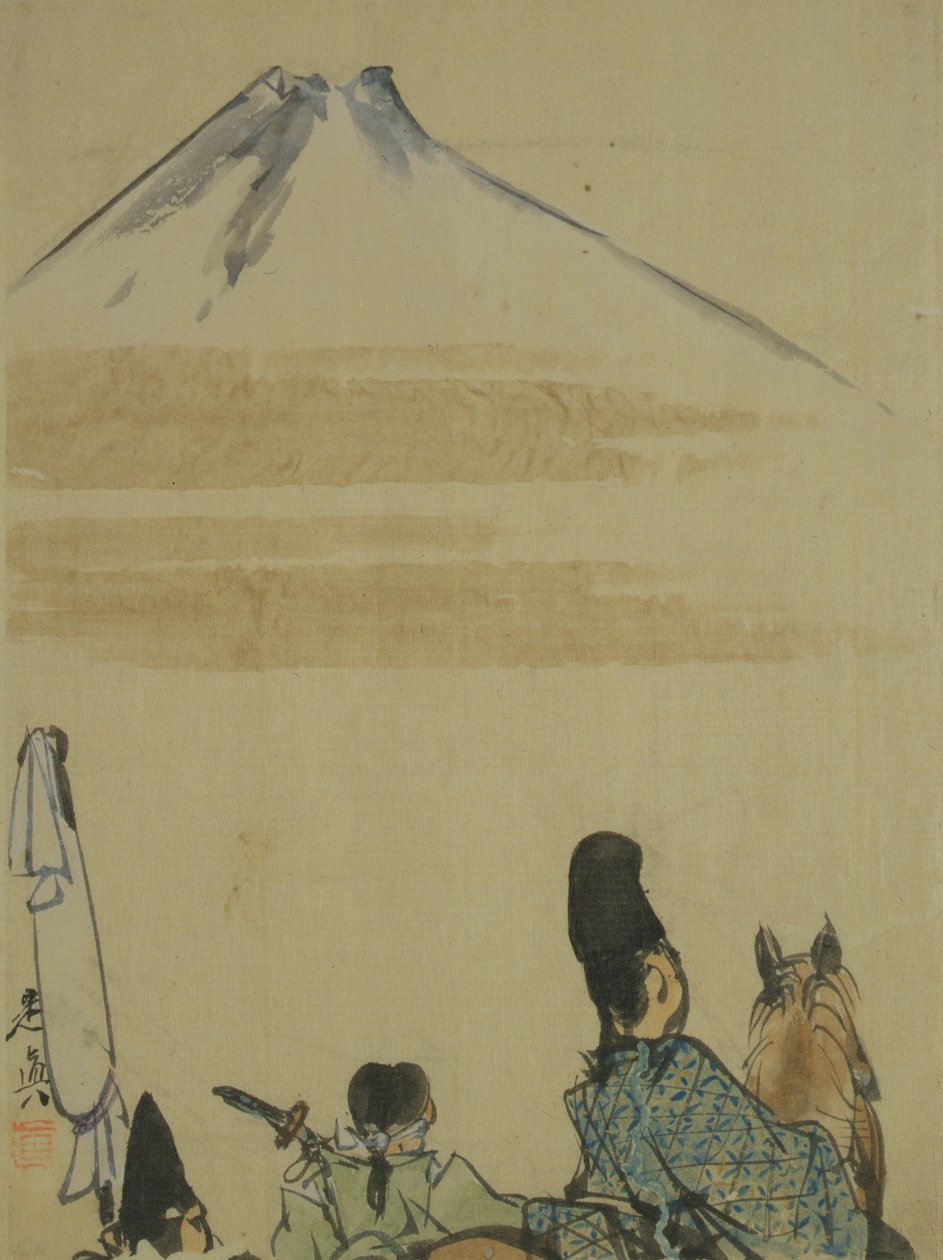 Fujiyama Dağı yakınlarındaki gezginler, c.1872 (kağıt üzerinde mürekkep ve tuvalet) by Shibata Zeshin