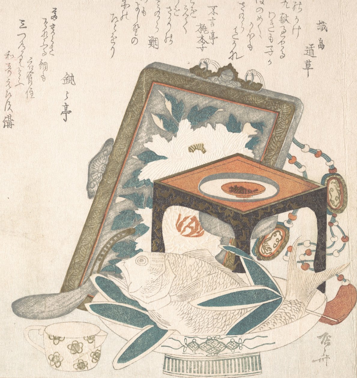 Çerçeveli Tablo, Şarap Fincanlı Küçük Stand ve Balıklı Tabak, 19. yüzyıl., 19. yüzyıl. by Shinsai