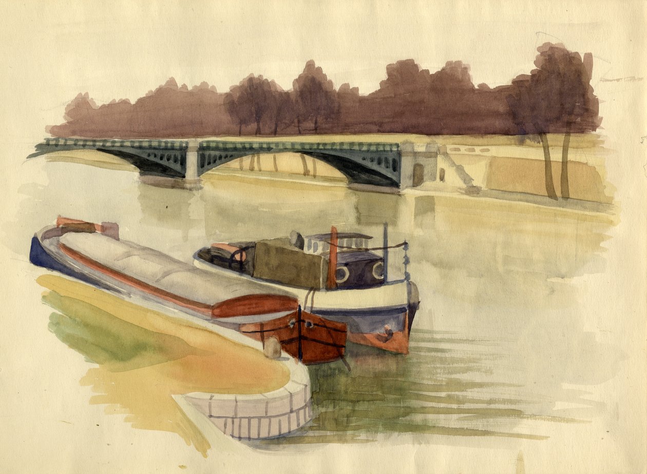 Battersea Bridge yakınlarındaki Thames Nehri üzerindeki mavnalar, Londra, c1951. by Shirley Markham