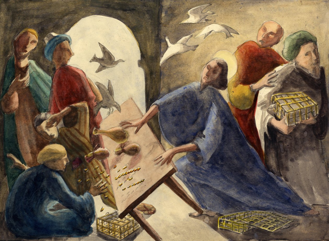 Mesih tüccarları tapınaktan atıyor, c1950. by Shirley Markham
