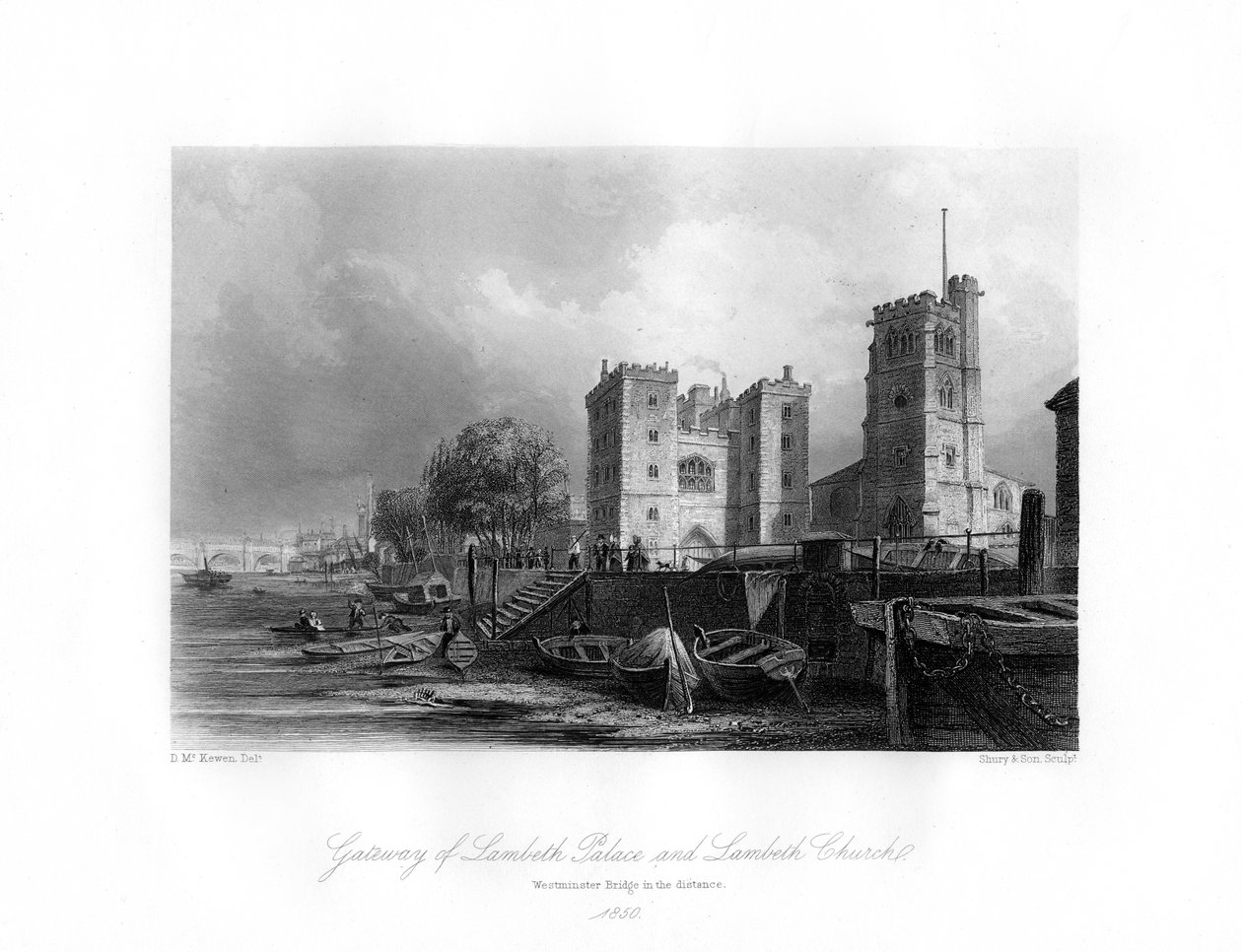 Lambeth Sarayı ve Kilisesi, Lambeth, 1850 by Shury and Son