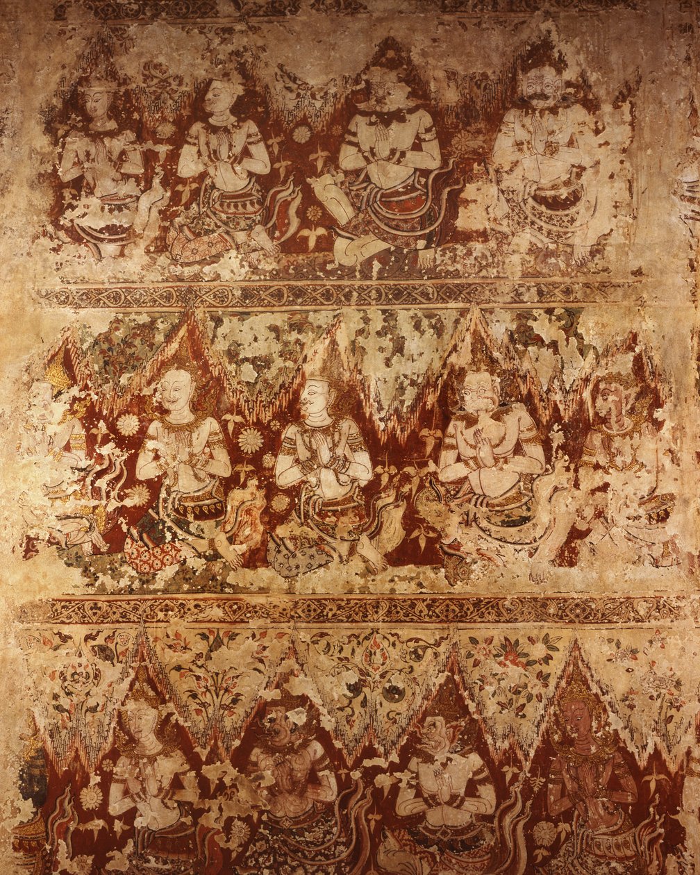 18. yüzyılın başlarından kalma göksel tanrıları gösteren duvar resimleri Ayutthaya döneminden (taş üzerine boya) by Siamese School