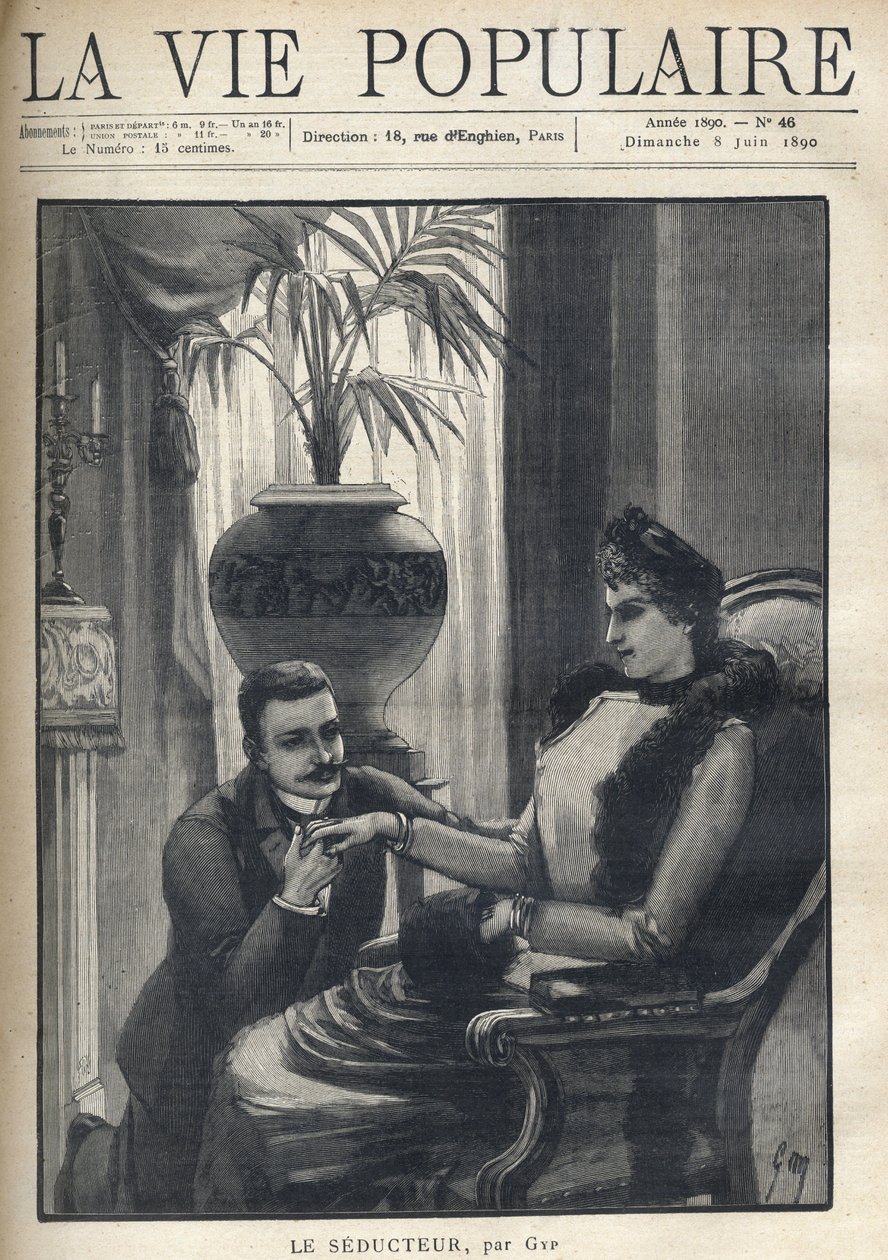 Bir adam dizlerinin üzerinde zarif bir kadının elini tutuyor, burjuva bir oturma odasında oturuyor, paltosu, kolu ve kürklü bir atkı takıyor. Le Seducteur par Gyp (Sibylle Gabrielle Marie Antoinette Riquetti de Mirabeau, Martel d Kontesi) için çizim by Sibylle Gabrielle de Riquetti de Mirabeau