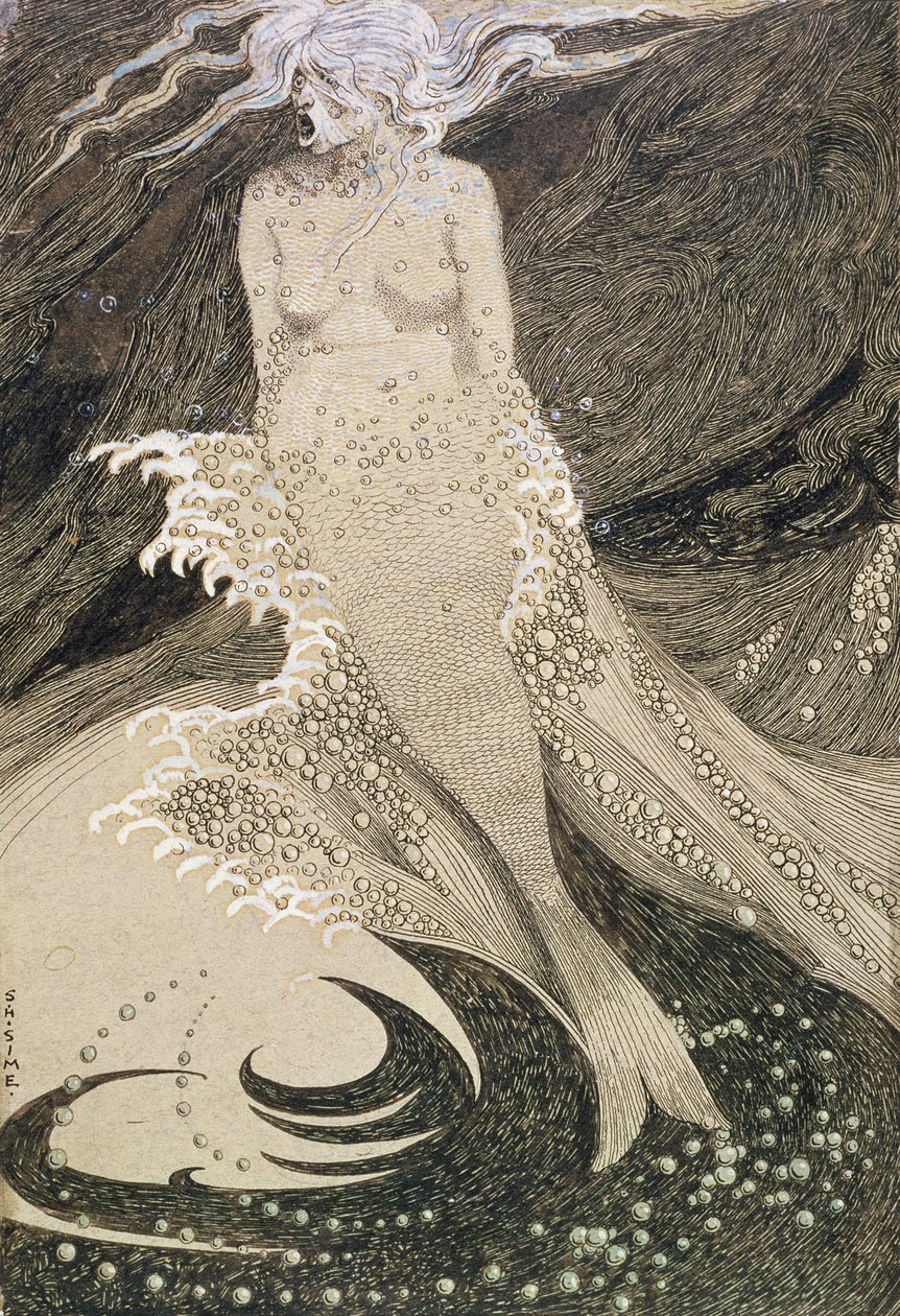 No.2490 The Mermaid (kağıt üzerinde wc ile kalem ve Hint mürekkebi) by Sidney Herbert Sime