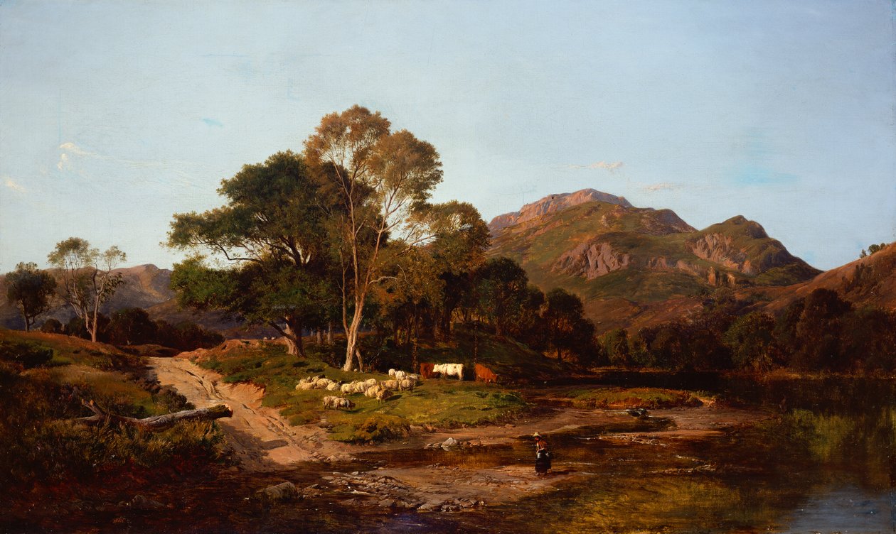 Koyun ve Sığırların Ötesinde Bir Geçitten Geçen Bir Sütçü Kız by Sidney Richard Percy