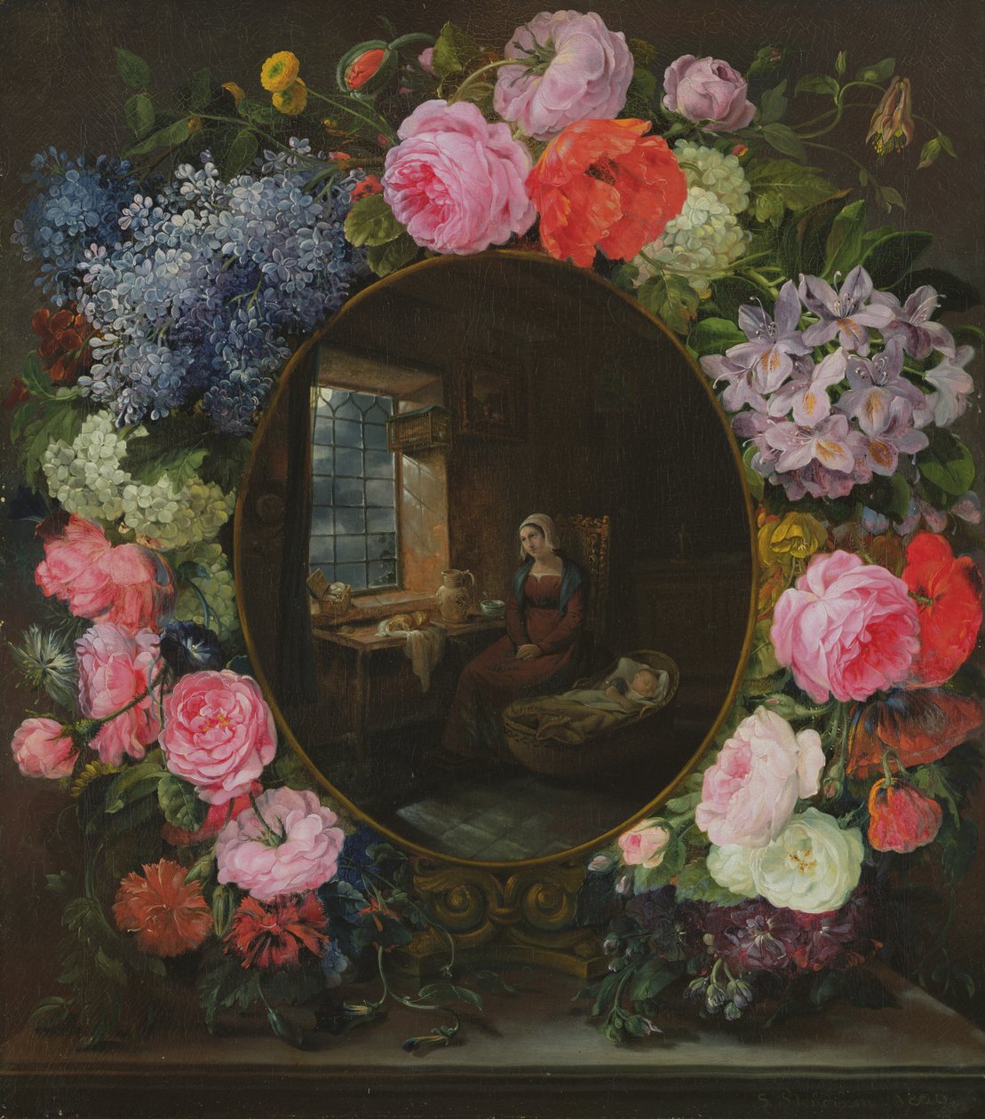 Çiçeklerden Bir Çelenk İçinde Anne ve Çocuk, 1829 by Siegfried Detler Bendixen