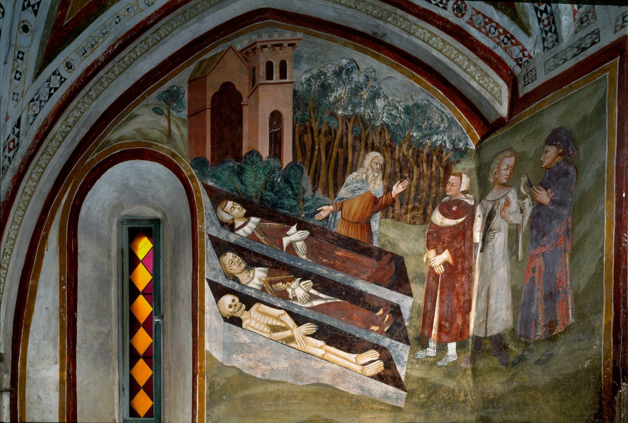 Ölülerin yaşayanlarla buluşması Siena okulunun bir freskinin detayı. 14. yüzyıl. Saint Benoit Manastırı (Sacro Speco), Merdiven, Subiaco (Roma), İtalya by Sienese School