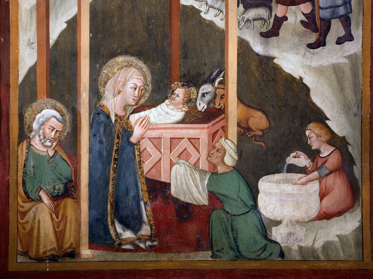 Siena okulunun Nativite Fresk. 14. yüzyıl. Bakire Şapeli. Aziz Benedetto Manastırı by Sienese School