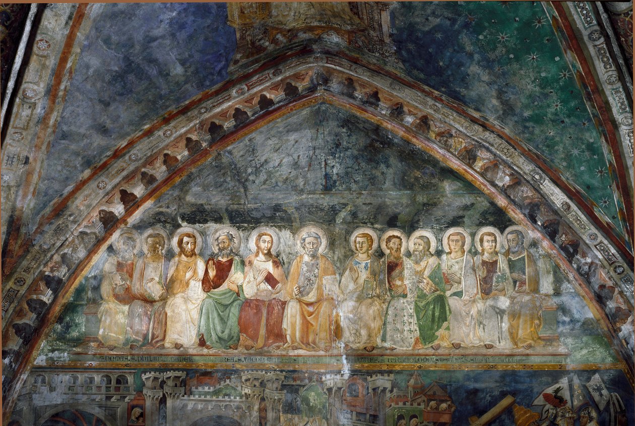 Siena okulunun bir freskinin on iki Apotres Detayı. 14. yüzyıl. Benedict Manastırı (Sacro Speco), Subiaco