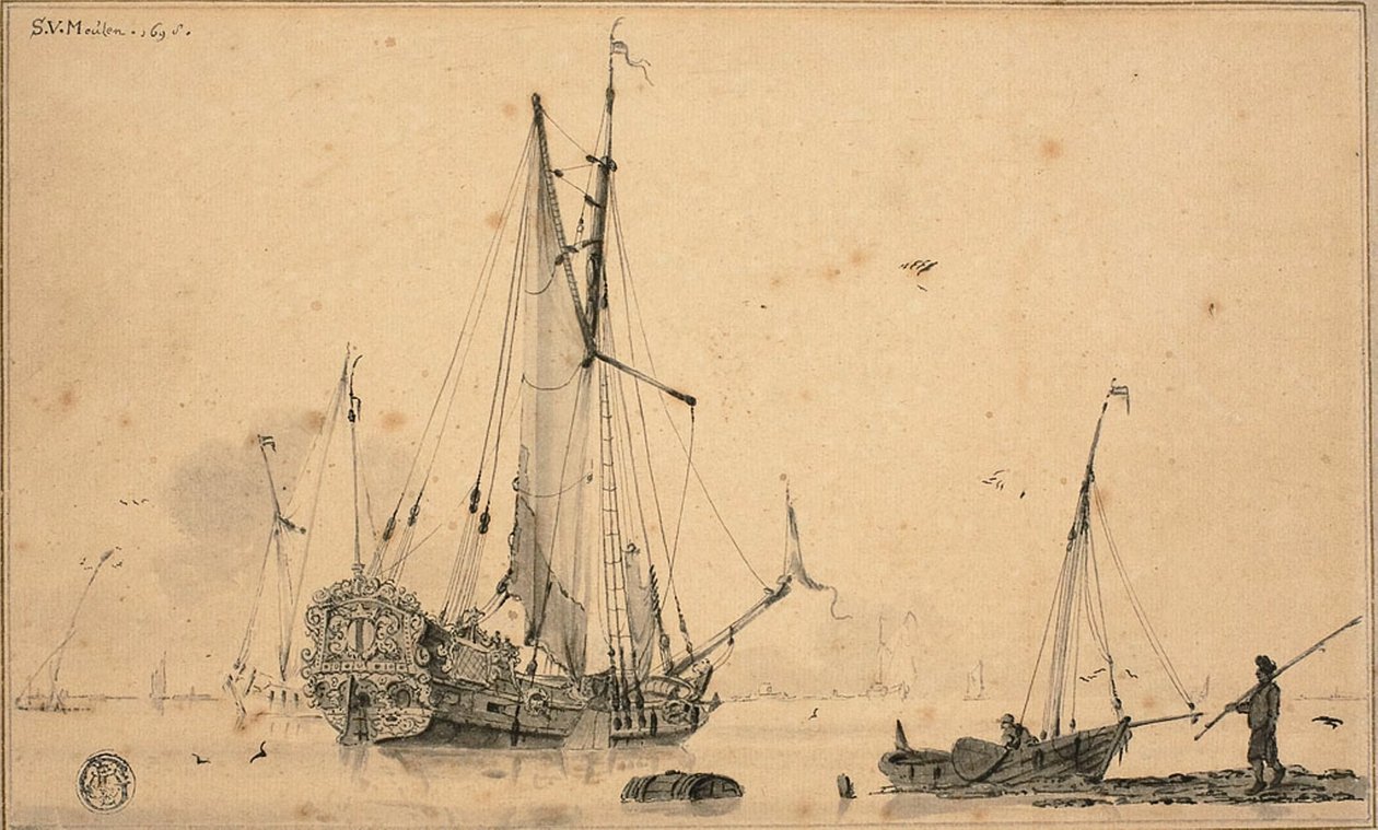 Gemiler ve Balıkçı ile Liman Sahnesi by Sieuwert van der Meulen