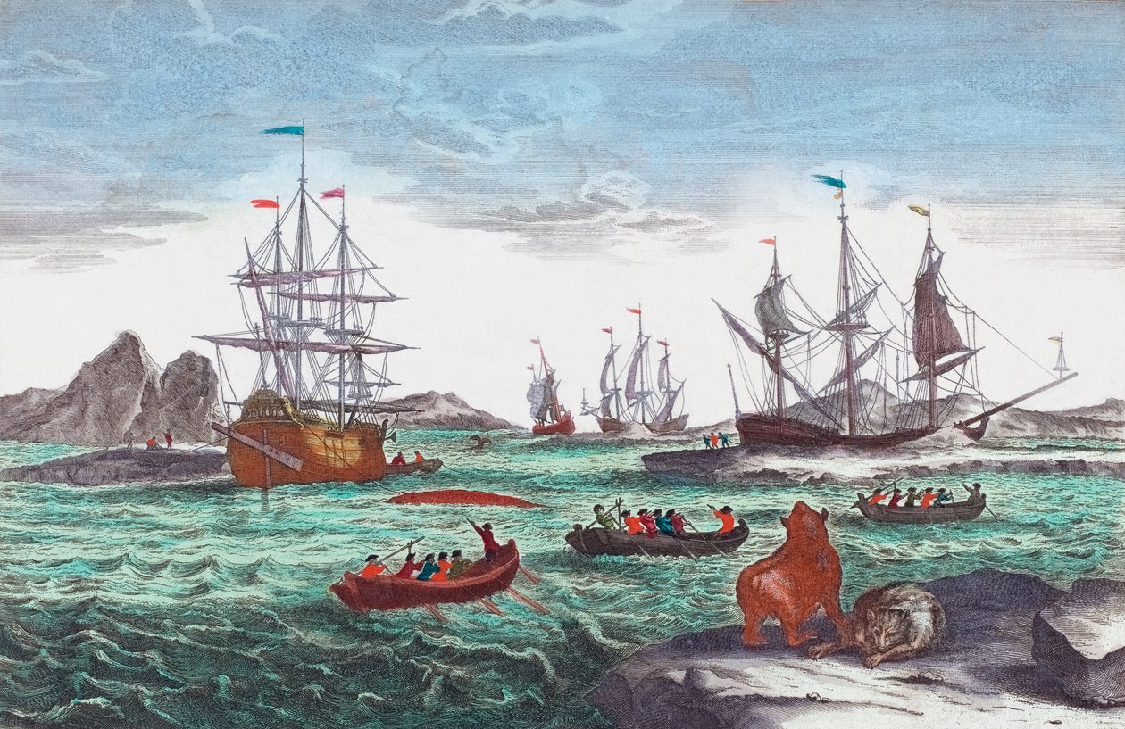 18. yüzyılda Grönland açıklarında balina avcılığı (gravür) by Sieuwert van der Meulen