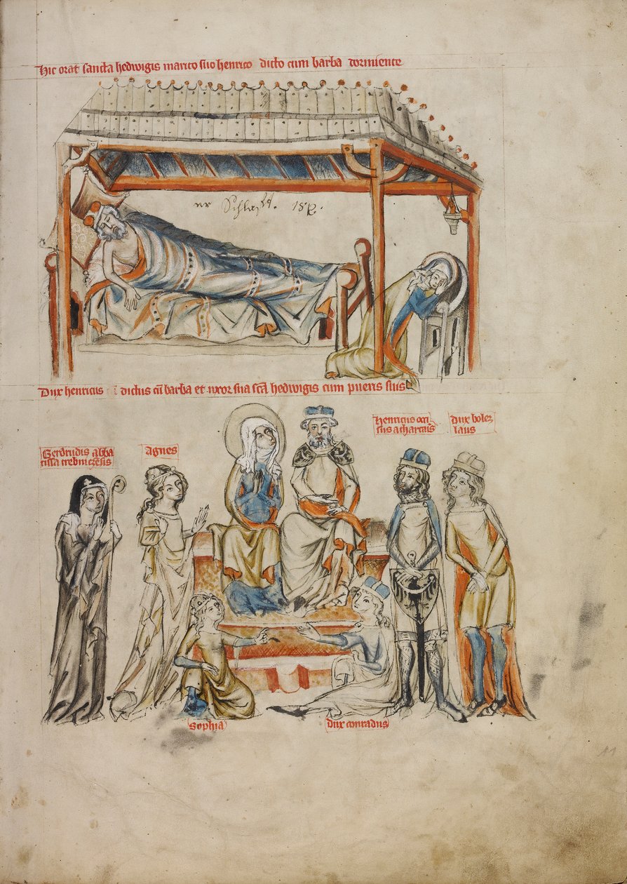 Heinrich Uyuyan ve Aziz Hedwig Dua Eden; Heinrich ve Saint Hedwig Çocuklarıyla, 1353 (Tempera renkleri, renkli yıkamalar ve parşömen üzerine mürekkep) by Silesian School Silesian School