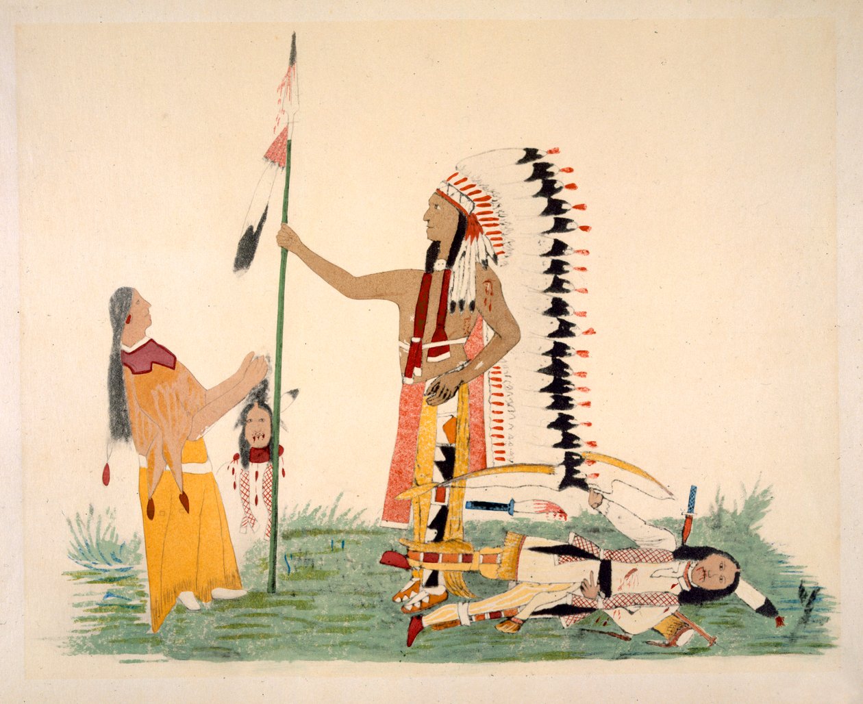 Comanche ve karısı, sanatçı tarafından boyanmış bir dizi efsanevi bölümden bir Ute ile karşılaşır ve savaşır (geyik derisi üzerinde pigment) by Silver Horn