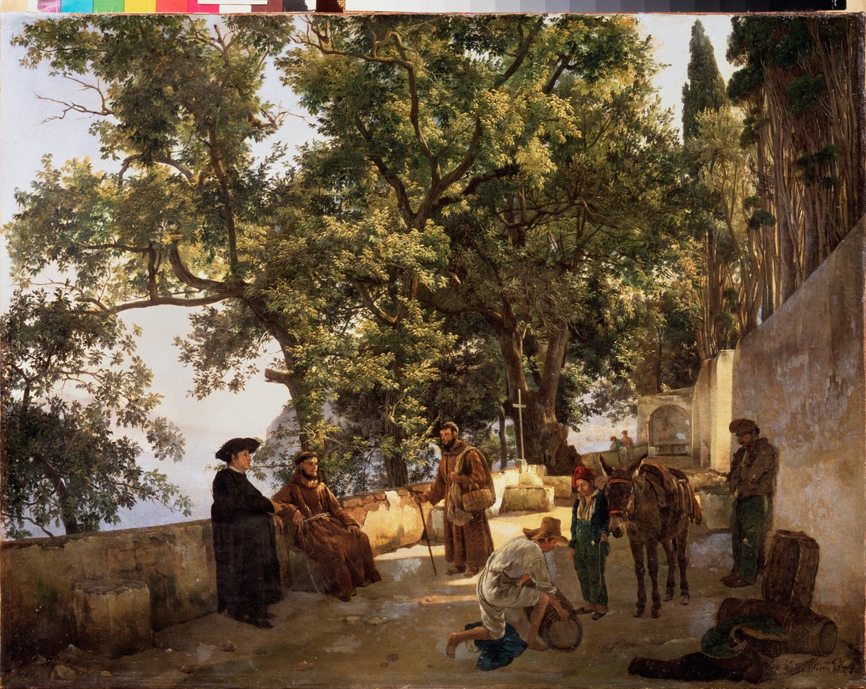 Sahilde, Sorrento yakınlarında bir teras (Sorrento, İtalya) (Konuşan Capuchin rahipleri ve eşeğini küçük fıçılarla yükleyen bir adam) - Deniz Kıyısında Bir Teras, Sorrento yakınlarındaki Cappuccini - Resim Sylvester Feodosiyevich Shchedrin (Sylv) by Silvestr Fedosievich Shchedrin
