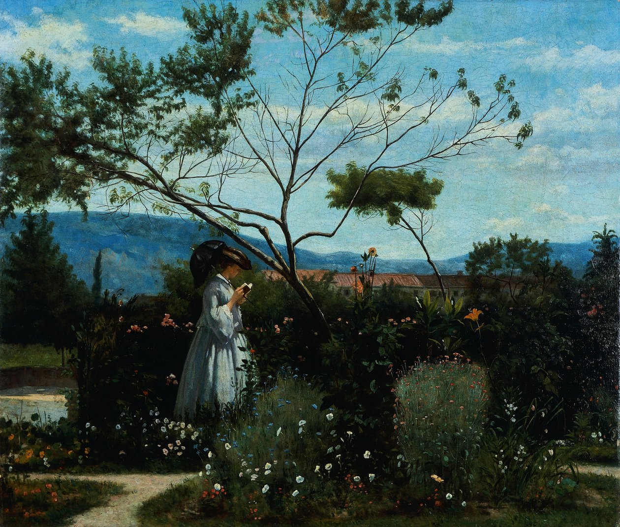 Bahçedeki çiçekler arasında, Silvestro Lega (1826-1895). by Silvestro Lega
