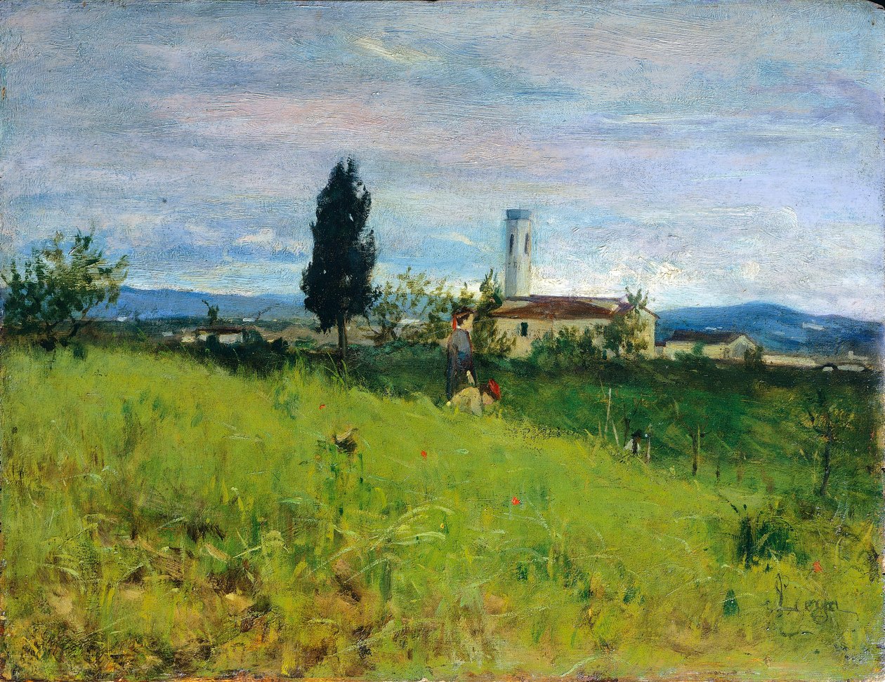 Kırda kilise, Silvestro Lega (1826-1895), panel üzerine yağlı boya, 29x38 cm by Silvestro Lega