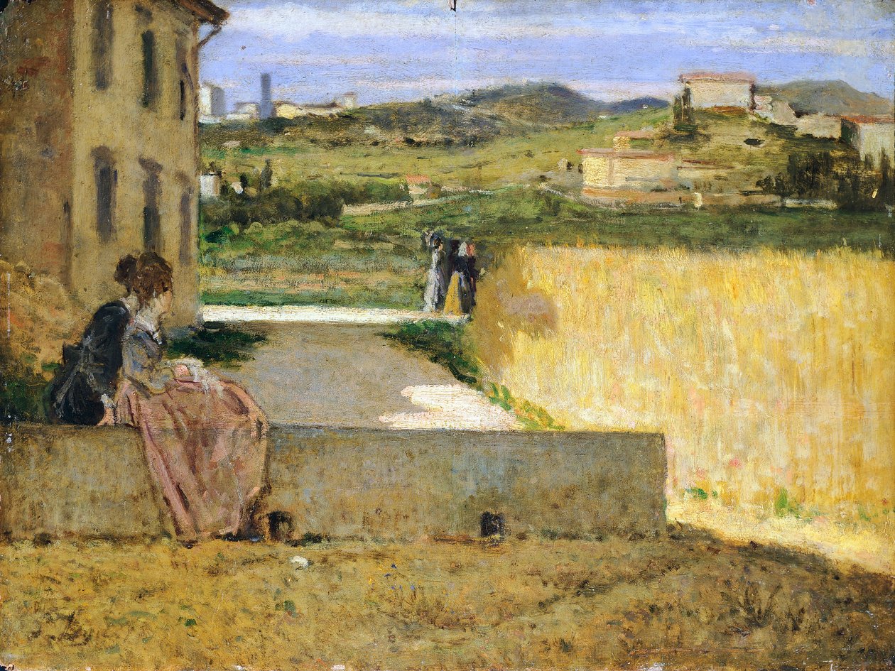 Villanın gölgesinde, Silvestro Lega (1826-1895), pano üzeri yağlı boya, 34x46 cm by Silvestro Lega