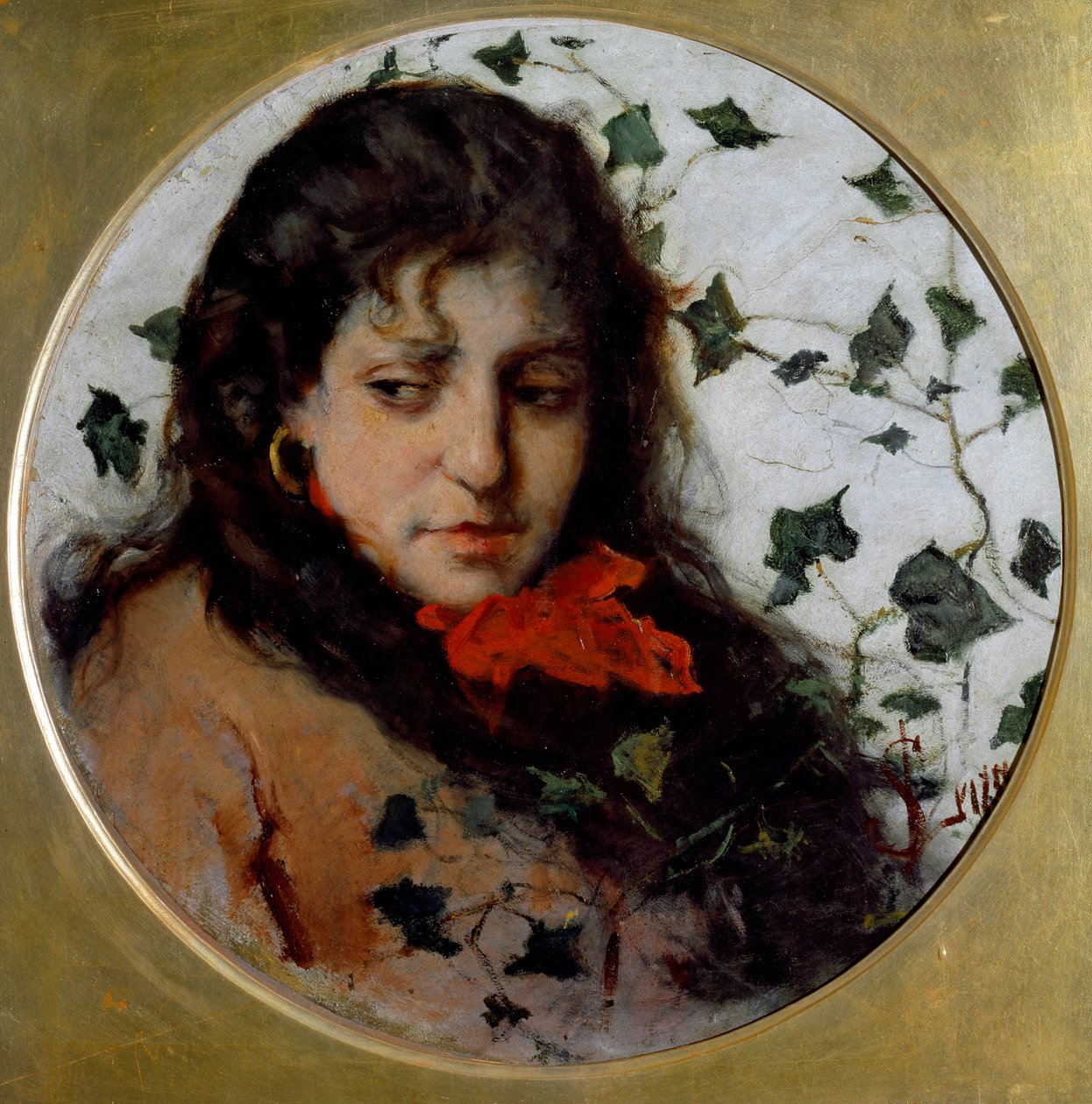 Sarmaşık (Edera) Genç bir kadının portresi, melankolik bir ifadeye sahip, yüzü sarmaşık yapraklarıyla çevrili - (Ivy) Boyama Silvestro Lega (1826-1895) Genes, Galleria d