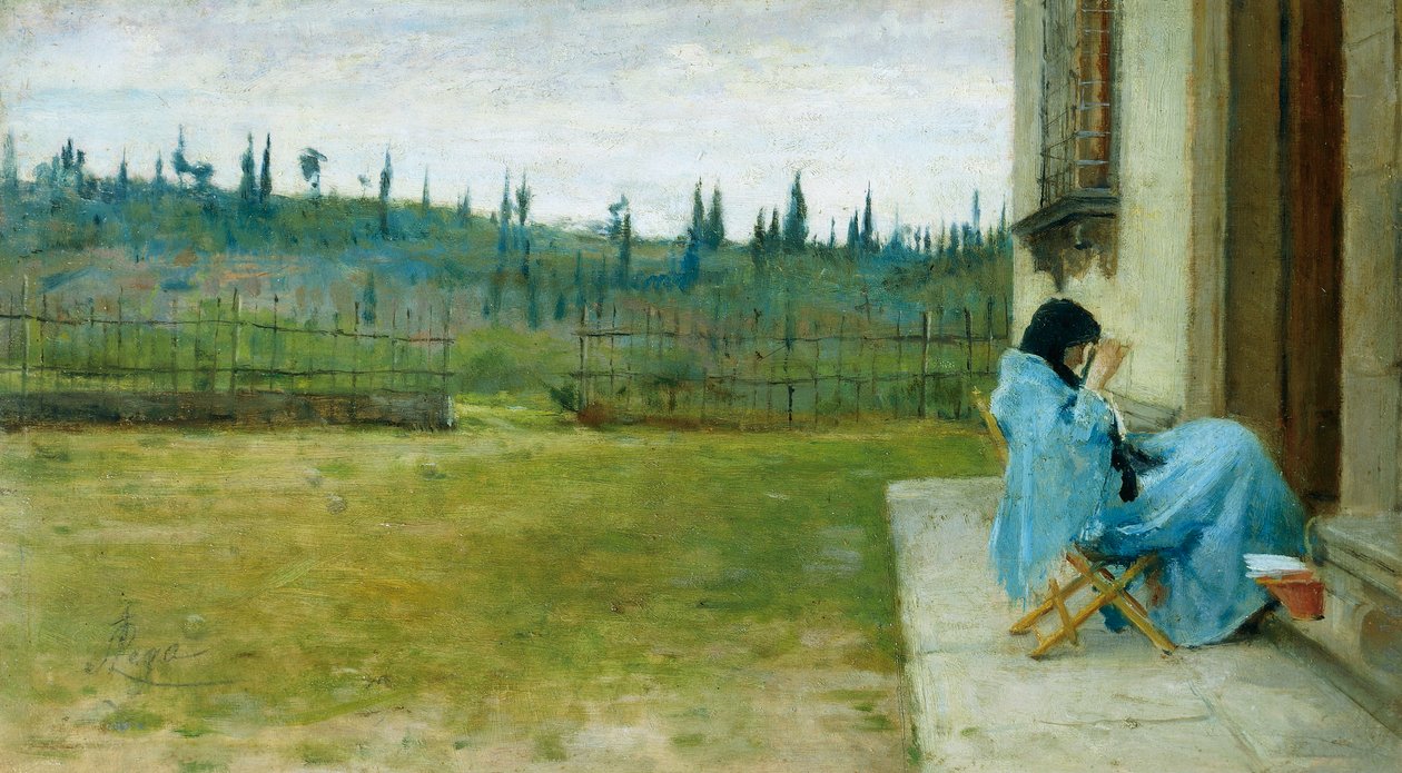Kadın iş başında, Silvestro Lega (1826-1895), tuval üzerine yağlı boya, 22x40 cm by Silvestro Lega