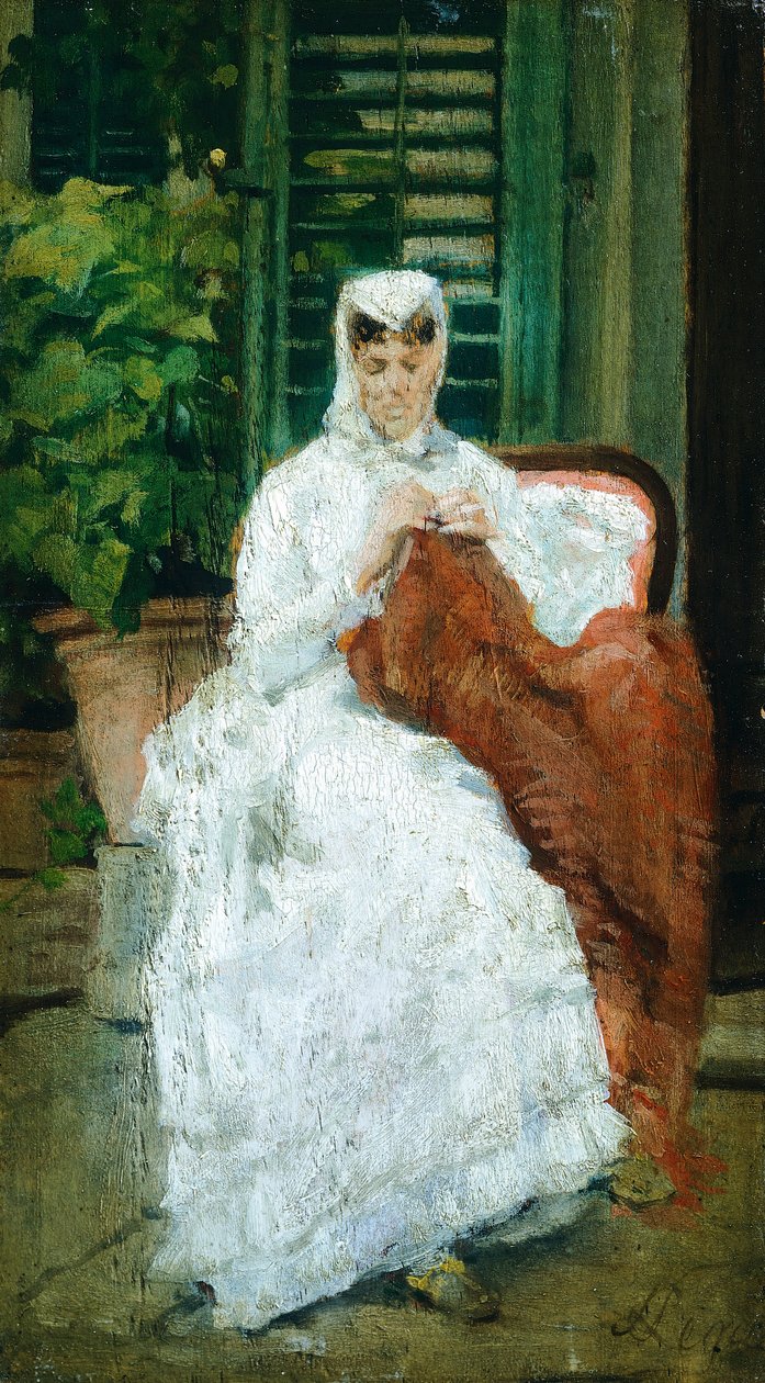 Bayan dikişi, Silvestro Lega (1826-1895), Panel üzerine yağlı boya, 27.5x15.5 cm by Silvestro Lega