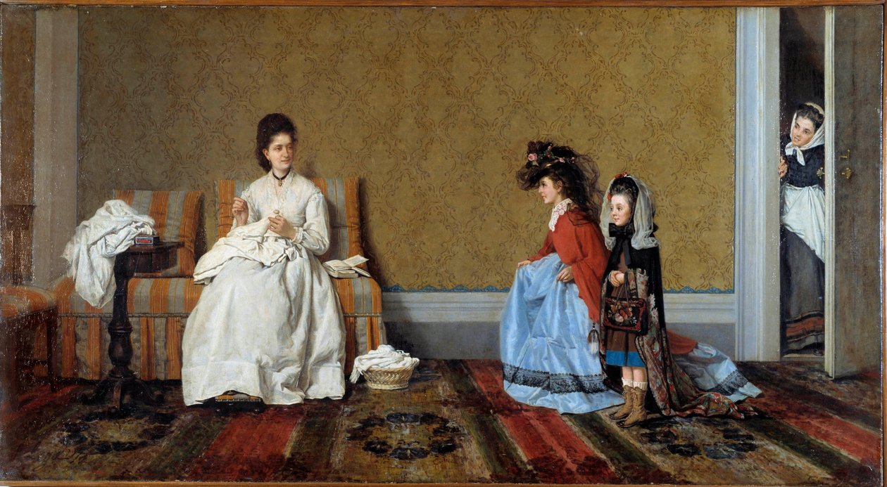 Büyük hanımları oynayan küçük kızlar İki kız kardeş annelerinin kıyafetlerinden kılık değiştiriyor. Resim Silvestro Lega (1826-1895) 1872 Özel Koleksiyon by Silvestro Lega